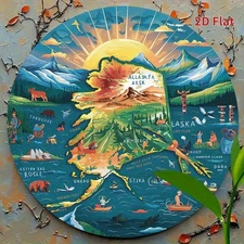 Vintage Alaska Metal Wall Art - 8x12 Inch Round Alaska State Map Decor with Moun