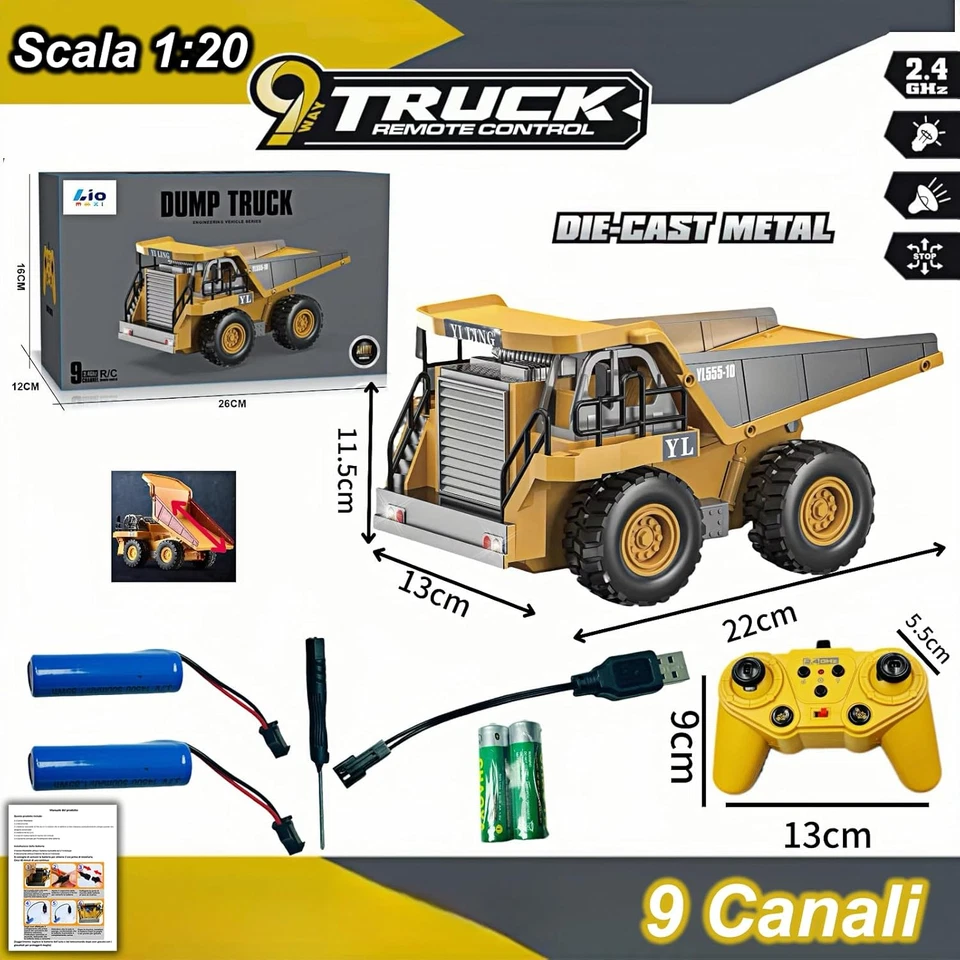 Camion Ribaltabile Telecomandato 9 Canale, Scala 1:20, Quattro Ruote Con Luci E  - Immagine 4 di 4