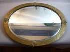 ANTIQUE ARTS & CRAFTS BRASS HAMMERED SILVER BACK MIRROR WITH RAMS HEADS & PATINA