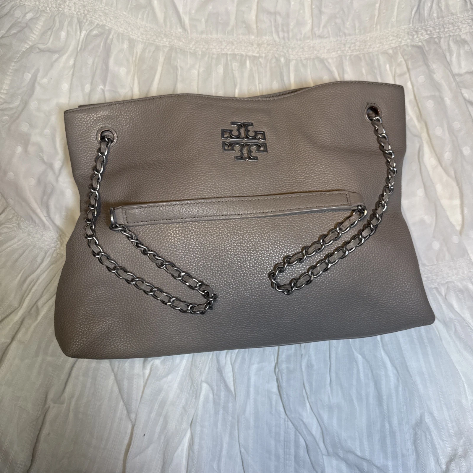 Tory Burch Britten tote bag grigio francese borsa a mano tracolla pelle ciottolata catena