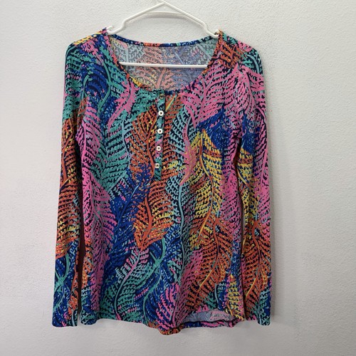 Lilly Pulitzer Coral Print Henley Long Sleeve Top 100% Pima Cotton Preppy Resort