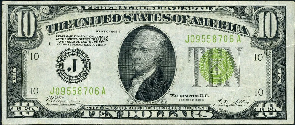 FR. 2002 J $10 1928-B Federal Reserve Note Kansas City J-A Block LGS XF - Tear - Image 2 of 3