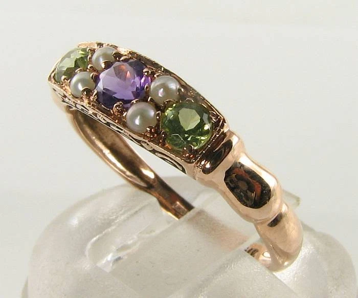 Anillo Art Déco SUFFRAGETTE 9K 9CT Oro Rosa Amatista Peridoto Perla