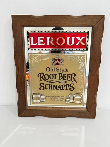Vintage Leroux Old Style Root Beer Schnapps Liqueur Mirrored Sign 14"x17" EUC