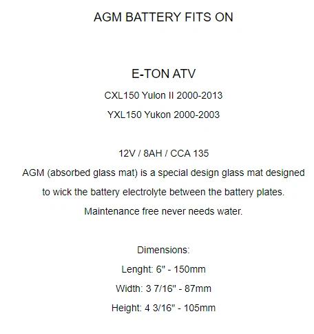 AGM Battery for E-Ton Cxl150 YulonII2000-2013 / YXL150 Yukon 2000-2003 - Imagen 9 de 9