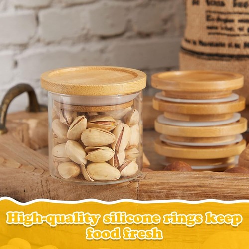 Confezione 6 Coperchi Barattolo Yogurt Set Coperchi Legno Bambù Solo Con Anelli Silicone - Foto 5 di 7