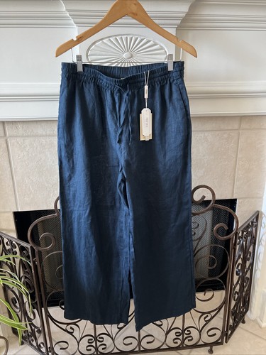 Elie Tahari Women's Navy Blue Crop Linen Pull On Petite Large NWT