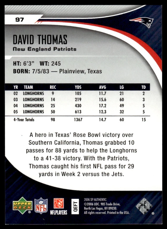 2006 SP Authentic David Thomas Rookie 529/750 New England Patriots #97 R137 - Image 2 of 2