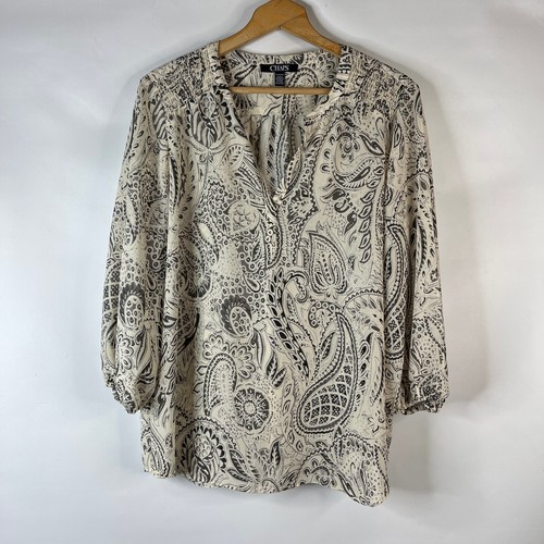 CHAPS Womens Tunic Top Size XL White Paisley V-Neck Smocked Shoulder 3/4 Sleeve - Picture 2 of 11