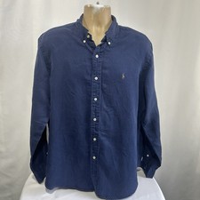 Polo Ralph Lauren Shirt Mens Sz L Blue Silk Linen Button Up Pony Basic