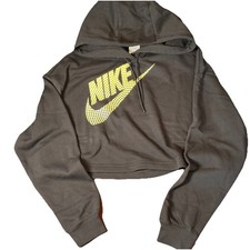 Nike Women's Cropped Pullover Hoodie Dark Gray Yellow Logo Knit S