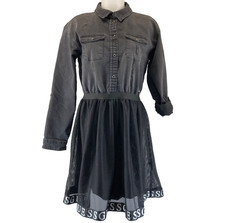 Guess Big Girl Stretch Black Denim Snap Front Dress Mesh Skirt Distressed Sz 16