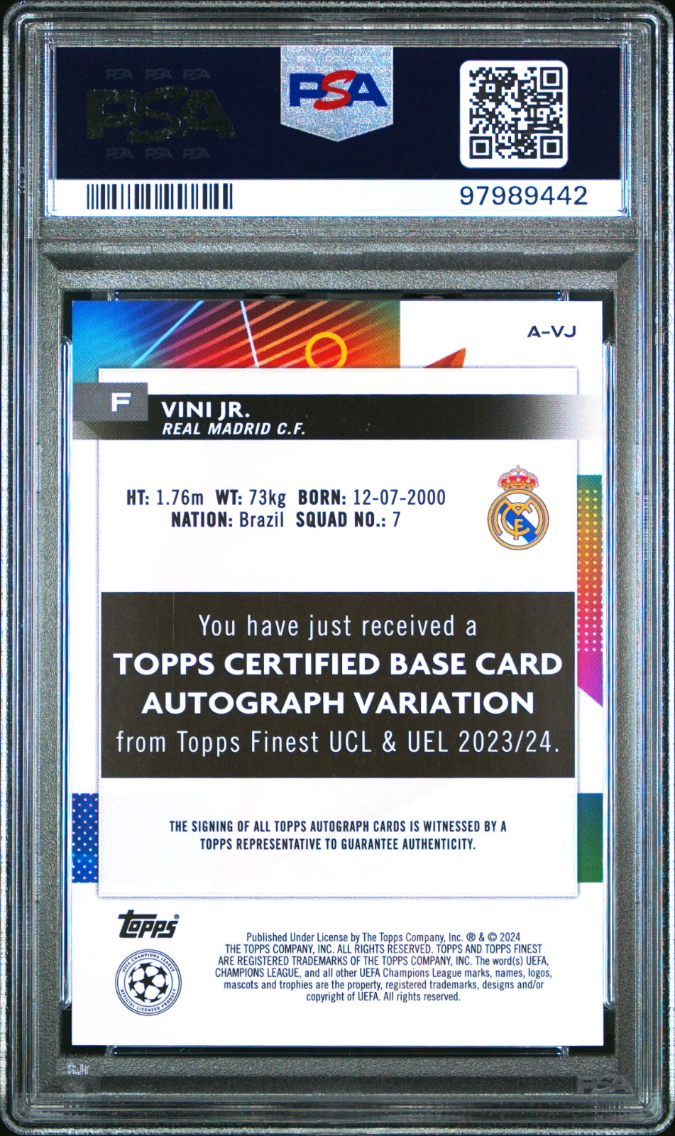 Vini Jr Auto PSA 10 Gold /50 Refractor 2023-24 Topps Finest UCC UEFA Pop 6 view 2