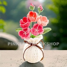 Handmade Crochet Primroses Vase: Pink  White Yarn Flowers