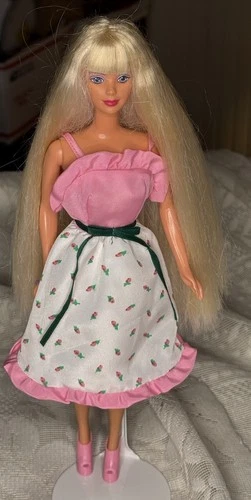 Vtg 90s Bead Blast Barbie Doll Mattel Blonde Hair In My First Party Dress 1980s