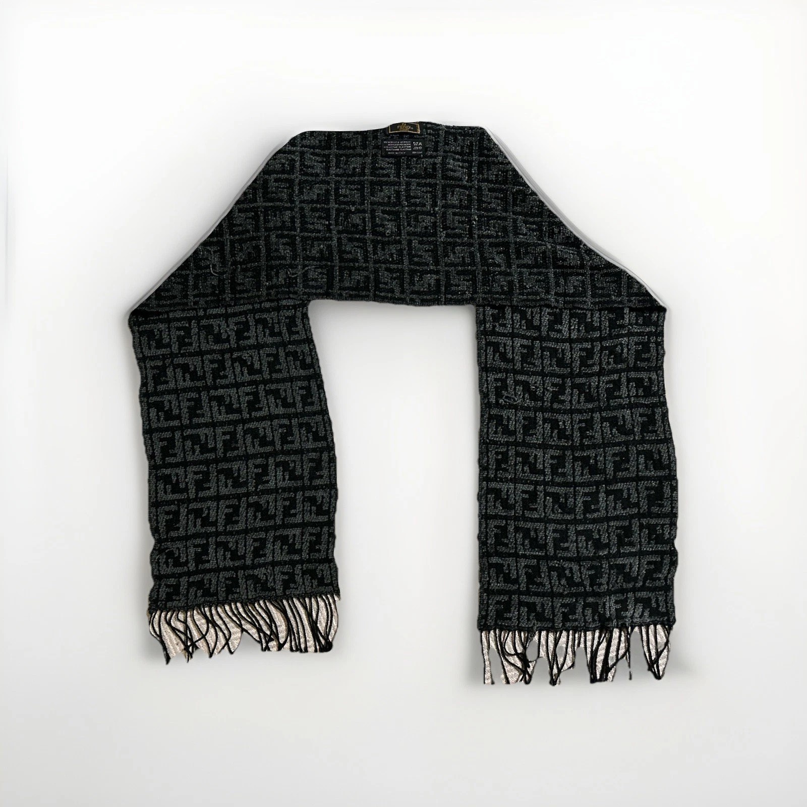 FENDI Scarf Shawl FF Full MONOGRAM Grey Black Vintage