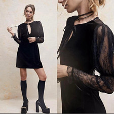 Free People Midnight Hour Black Velvet Lace Mini Dress Whimsygoth Witchy Size M