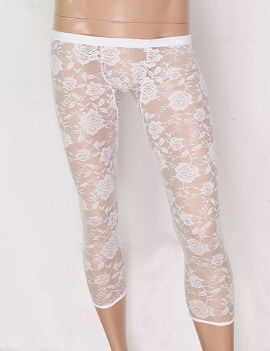 Mens Floral Lace Leggings See-through Long Pants Sheer Mesh Trousers Sissy Wear - Picture 9 of 19