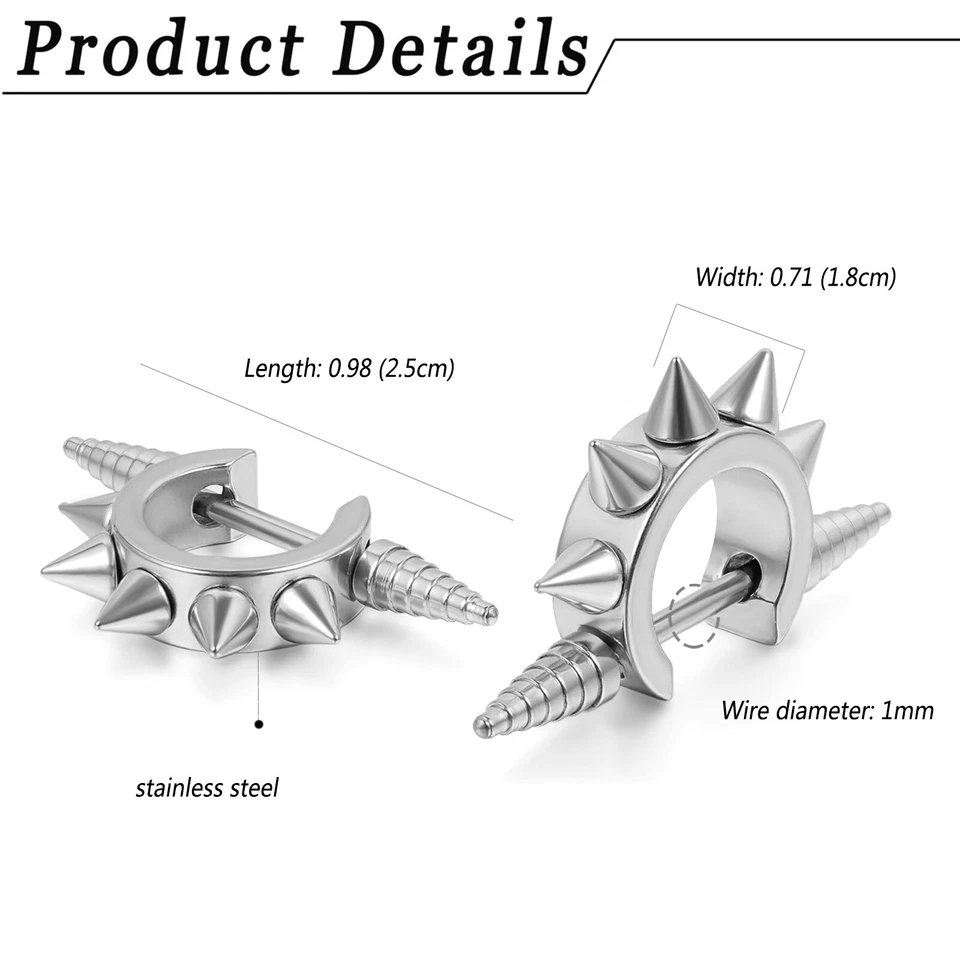 Brincos de aço inoxidável Spike Cool hip hop masculino cônico coruja aro huggie punho de orelha - Imagem 2 de 4