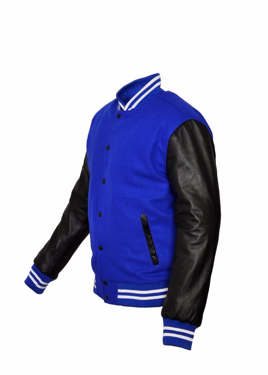 Dark Blue Wool Varsity Jacket for Men with Genuine Leather Sleeves