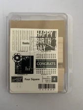 NEW Stampin’ Up! FOUR SQUARE Unmounted Wood Set of 4 Congrats Birthday Thanks Hi