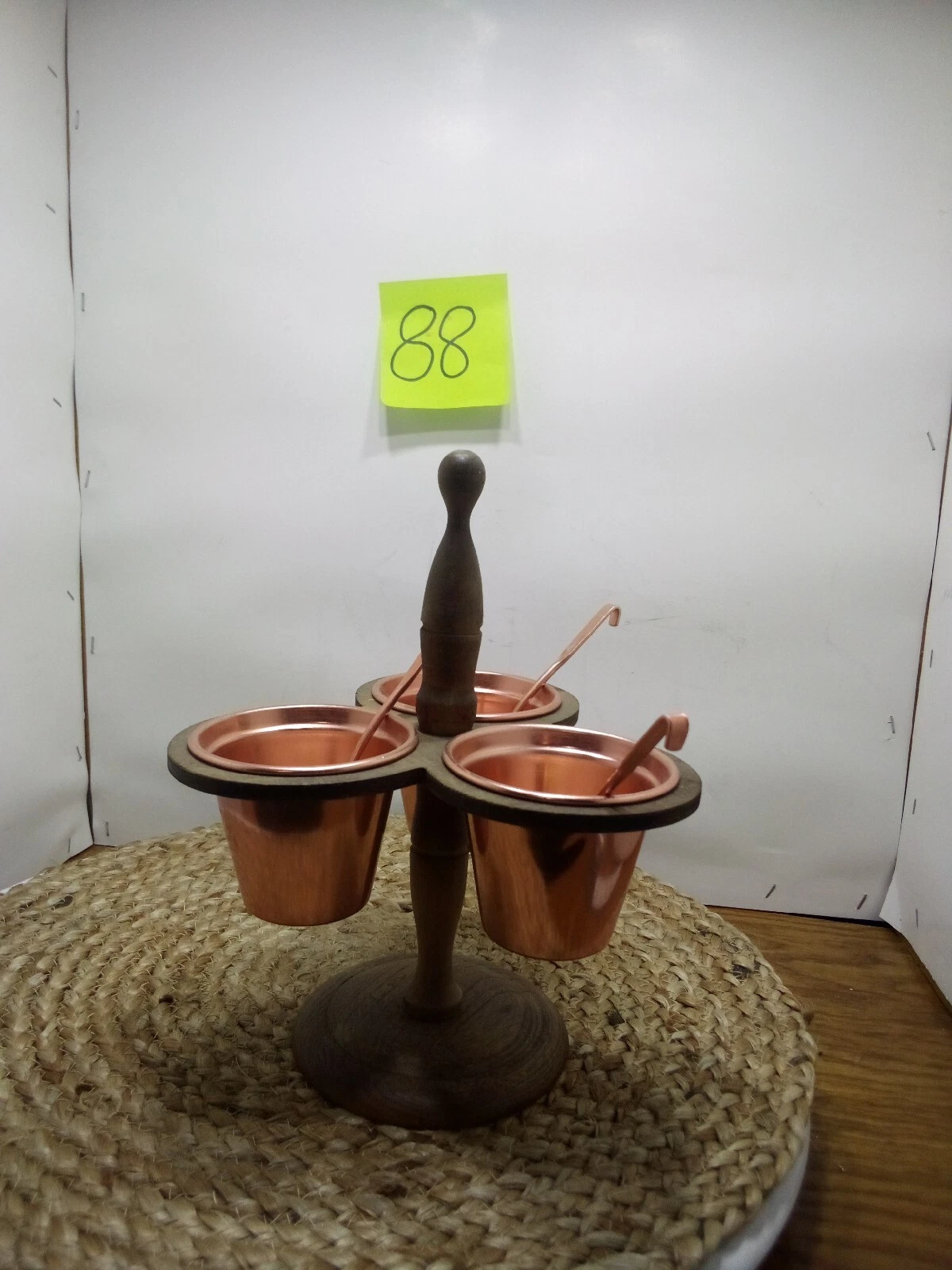 Vintage Copper Condiment Holder Hand Carved Wooden Base All With Copper Ladles