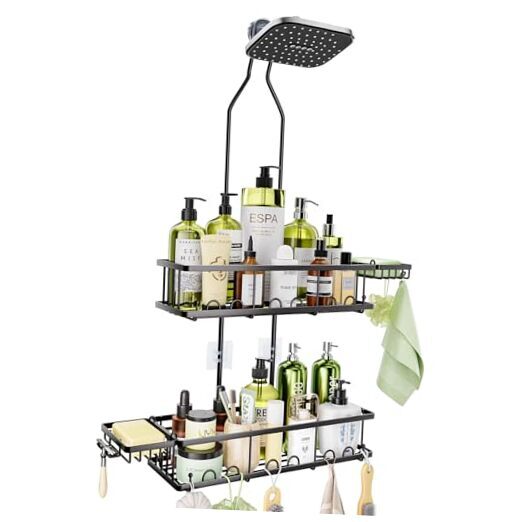 Shower Caddy Hanging: Adjustable Height No Blocking to Shower Head - Black