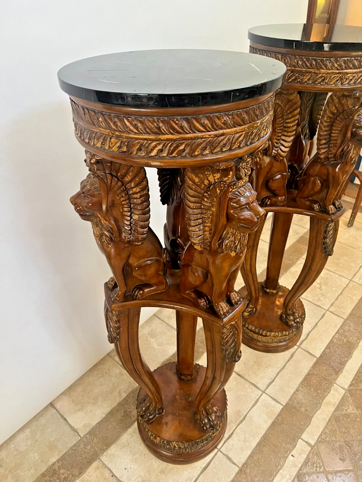 Vintage Pair Large Plant Stands Winged Lions Faux Bronze Marble Resin