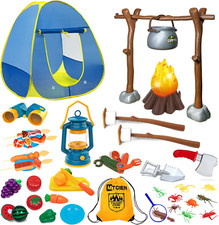 Kids Camping Set with Campfire, Play Tent , Binoculars, Oil Lantern, Toddlers Pr