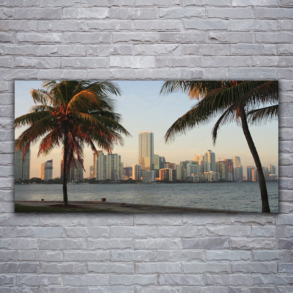 Tableau acrylique paumes ville Tulup 120x60 cm deco murale grand format