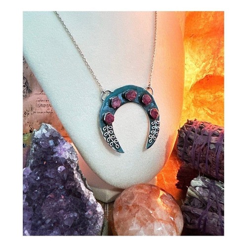 Handmade Oxidized Sterling Silver Crescent Moon Necklace w Rough Ruby Gemstones - Picture 4 of 9