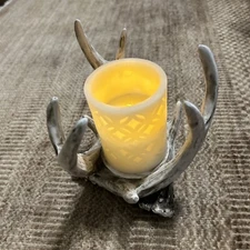 9" Rustic Antler Hurricane Candle Holder, White - Candle Not Included