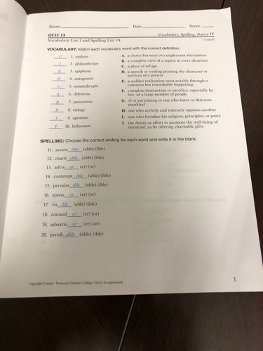 A Beka 10 Vocabulary Spelling Poetry IV & IV Student Quizzes&Teachers Quiz Key - Picture 9 of 9