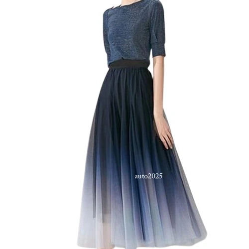 Damen Farbverlauf Rock weich atmungsaktiv Tüll Maxi hohe Taille Plissee Kleid - Bild 5 von 10