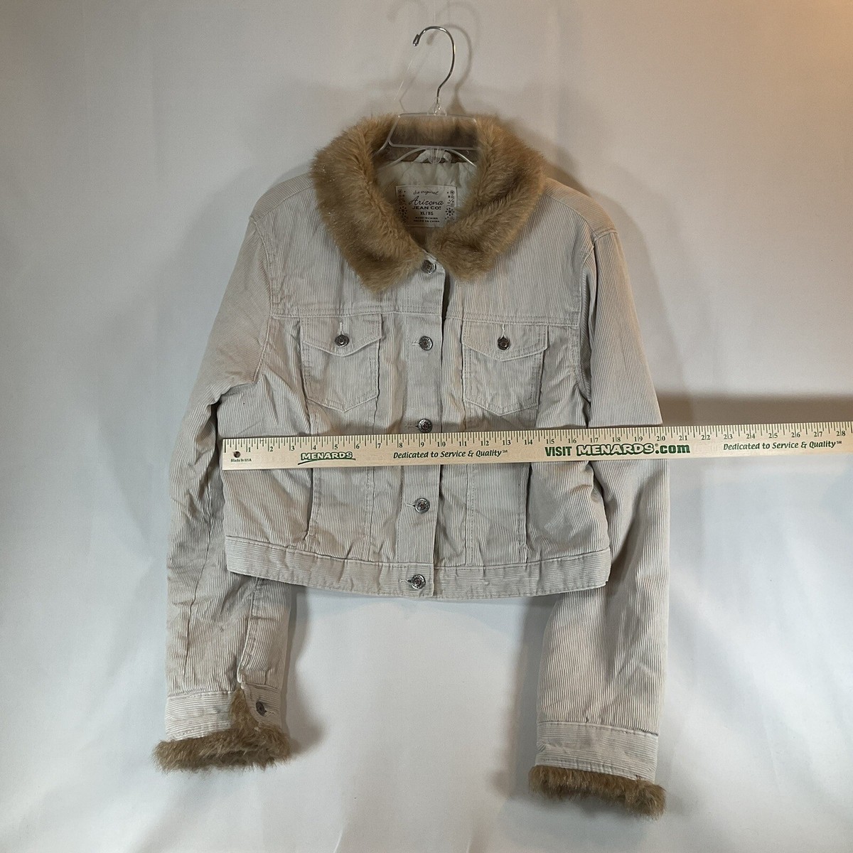 Arizona Cropped Jacket XL Tan Corduroy Faux Fur Trim & Collar
