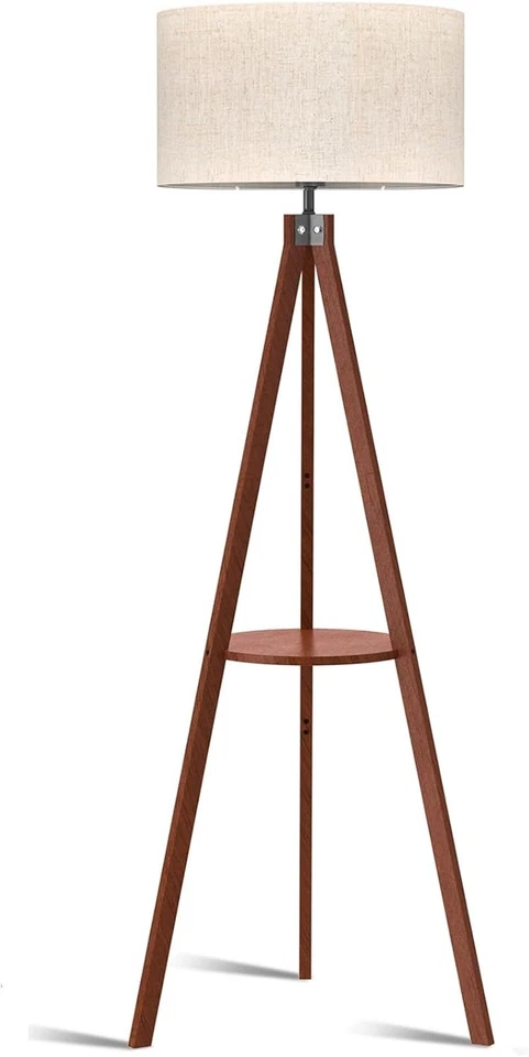 Mid Century Wood Tripod Floor Lamp with Shelf - Image 3 of 4