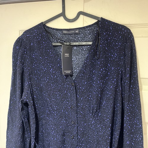 M&S Women's Navy Mix Dress Uk Size 12 with Gathered Waist for Shaping New - Picture 16 of 23