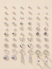 30 Pairs Silver Stud Earrings Set Hearts Bows Pearls Flowers Shells