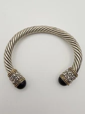 Vintage Heavy Twisted Cable Cuff Bracelet Black Onxy Silver Gold Tone...