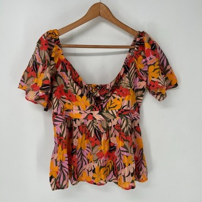 LOFT Blouse Womens Small Tropical Flutter Neck Tie Top Floral Print