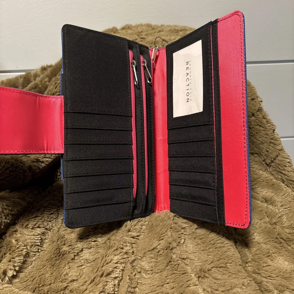 Kenneth Cole Reaction Azul Real, Gris y Rosa Caliente Billetera Doble Plegable Tarjeta Espejo Cremallera Foto 4 de 4