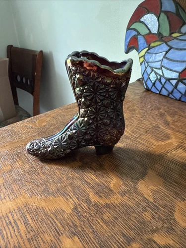 FENTON Art Glass Iridescent Carnival Glass Daisy & Button Boot w/ Logo & Sticker