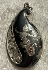 Vintage Sterling Silver Siamese Niello Dancer Teardrop Pendant / Pin 10.3 Grams