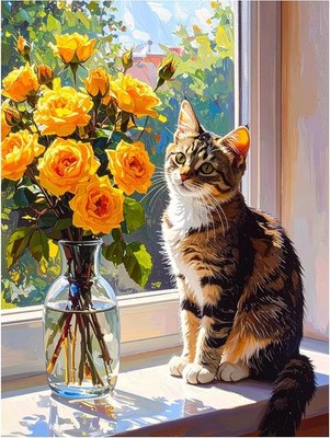Tile Mural Cute Kitten with Yellow Roses Cat Flowers Kitchen Wall Art Backsplash
