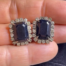 Estate-Black Emerald Cut & CZ Rhinestones Pierced Earrings Silver Tone Jewelry