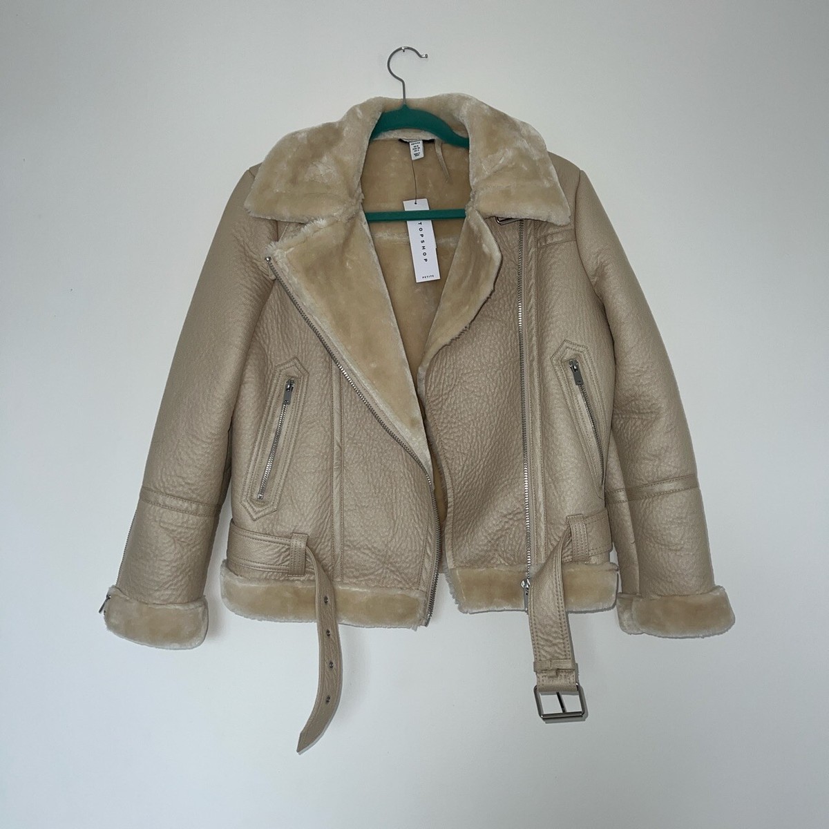 Topshop Petite Off White/Ecru Faux Leather Aviator Jacket UK