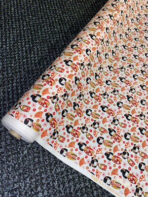 1 mtr Rose und Hubble weiß japanische Geisha Puppe Druck 100% Baumwollstoff.45 breit