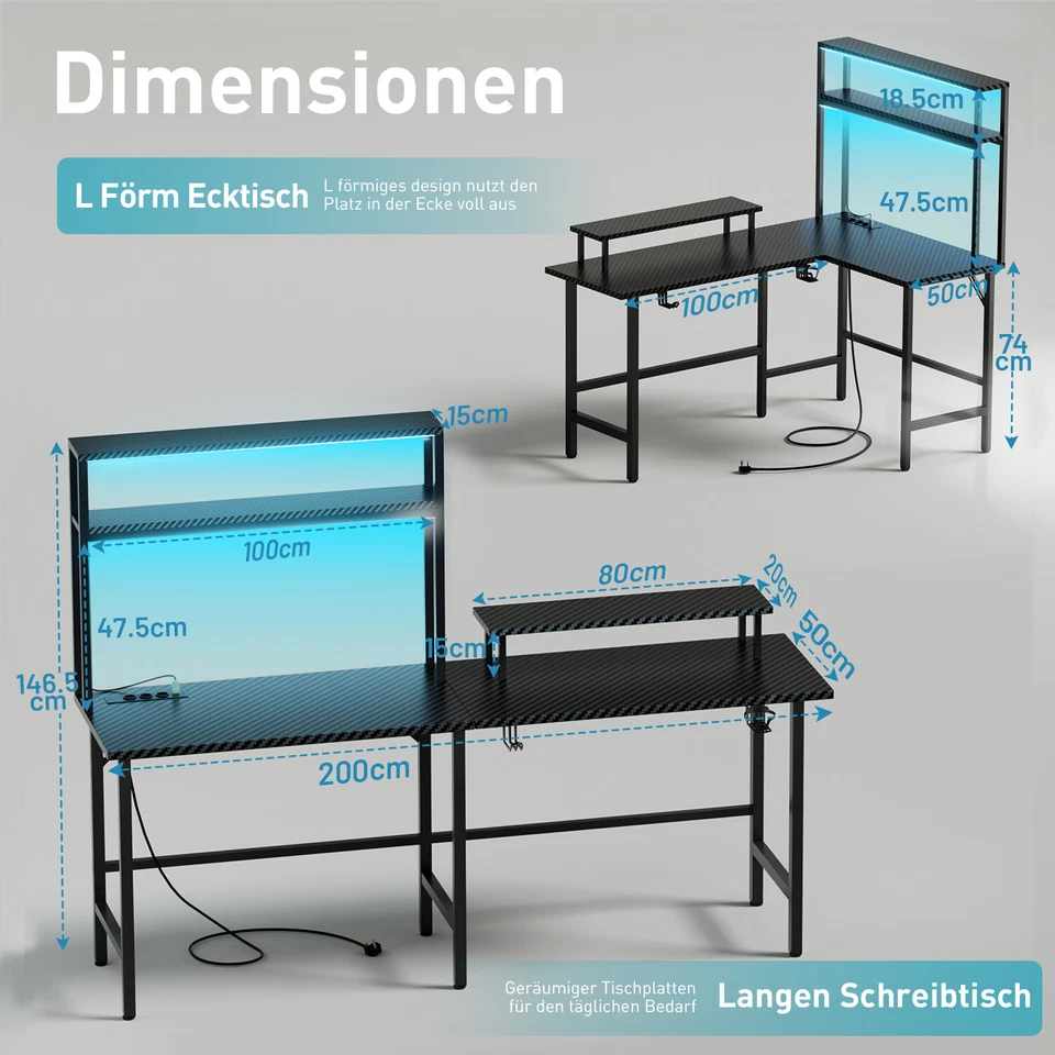 Gaming Tisch mit LED, Gaming Schreibtisch L Form mit 3 Steckdosen und 2 USB - Bild 2 von 4