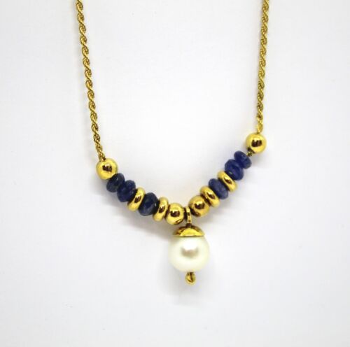 Collana Girocollo in Oro Giallo 18k con Zaffiri Blu e Perla - Imagen 2 de 2