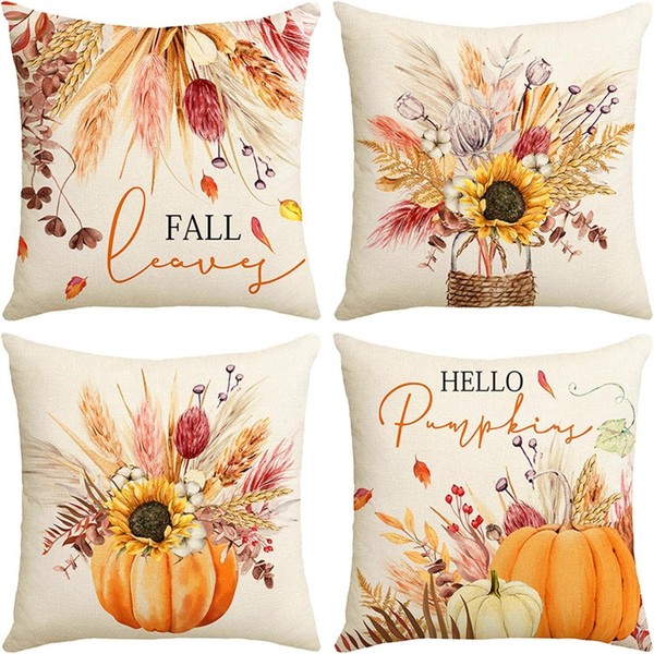 4Er Set Herbstdeko Kissenbezug 45X45Cm Thanksgiving KüRbis Muster-image